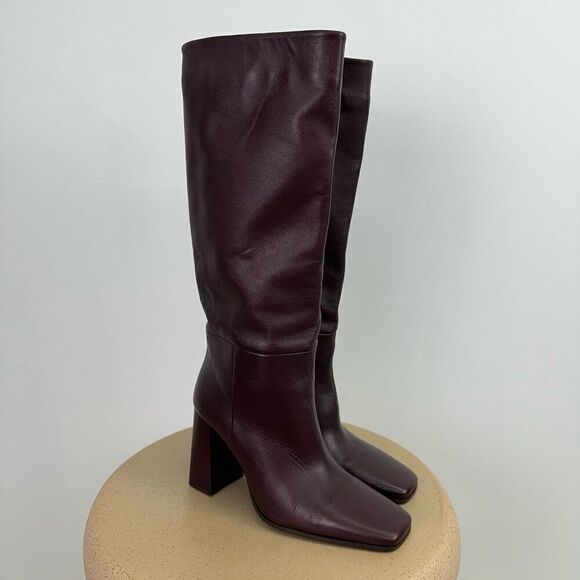 Zara Women’s Oxblood Burgundy Leather Square Toe Below the Knee Block Heel Boot - Picture 2 of 15